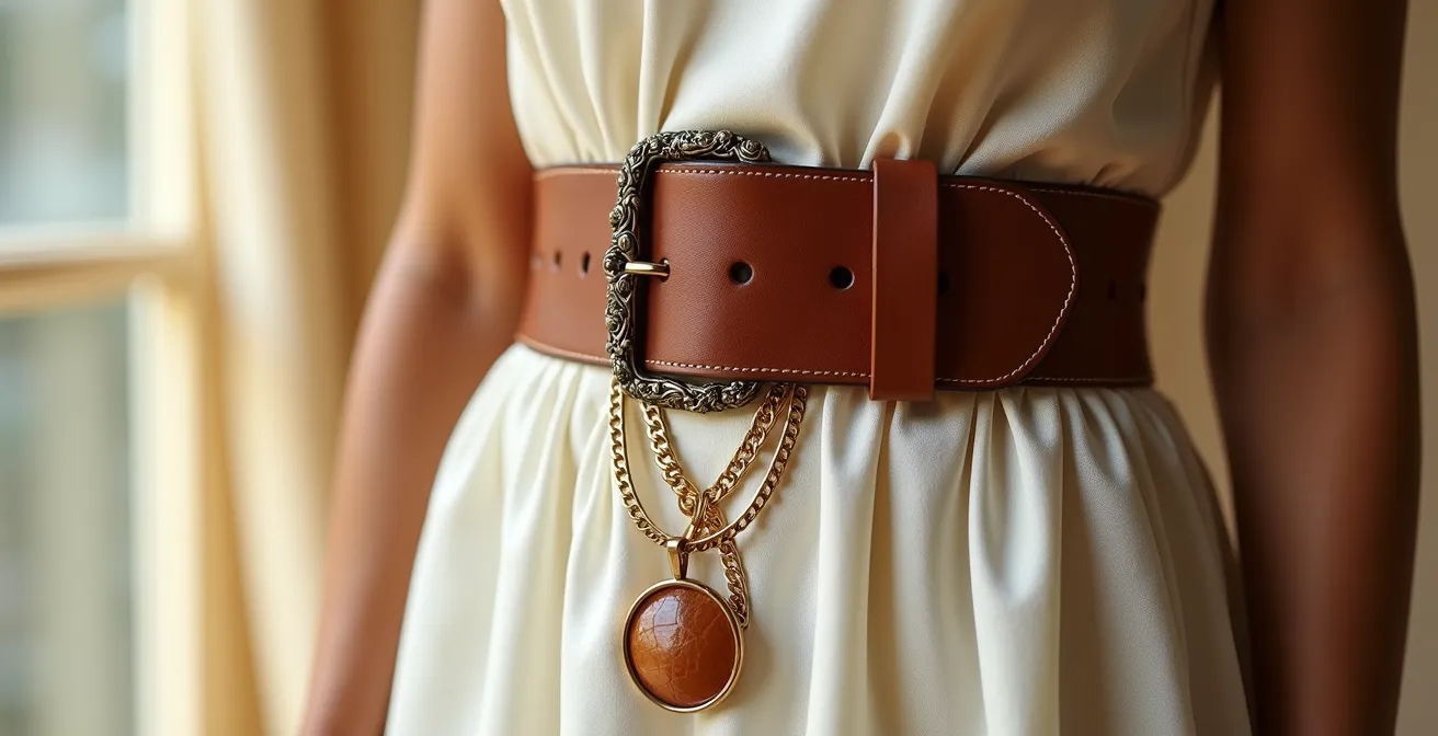 Detalle de cinturón artesanal español y joyas doradas sobre vestido minimalista