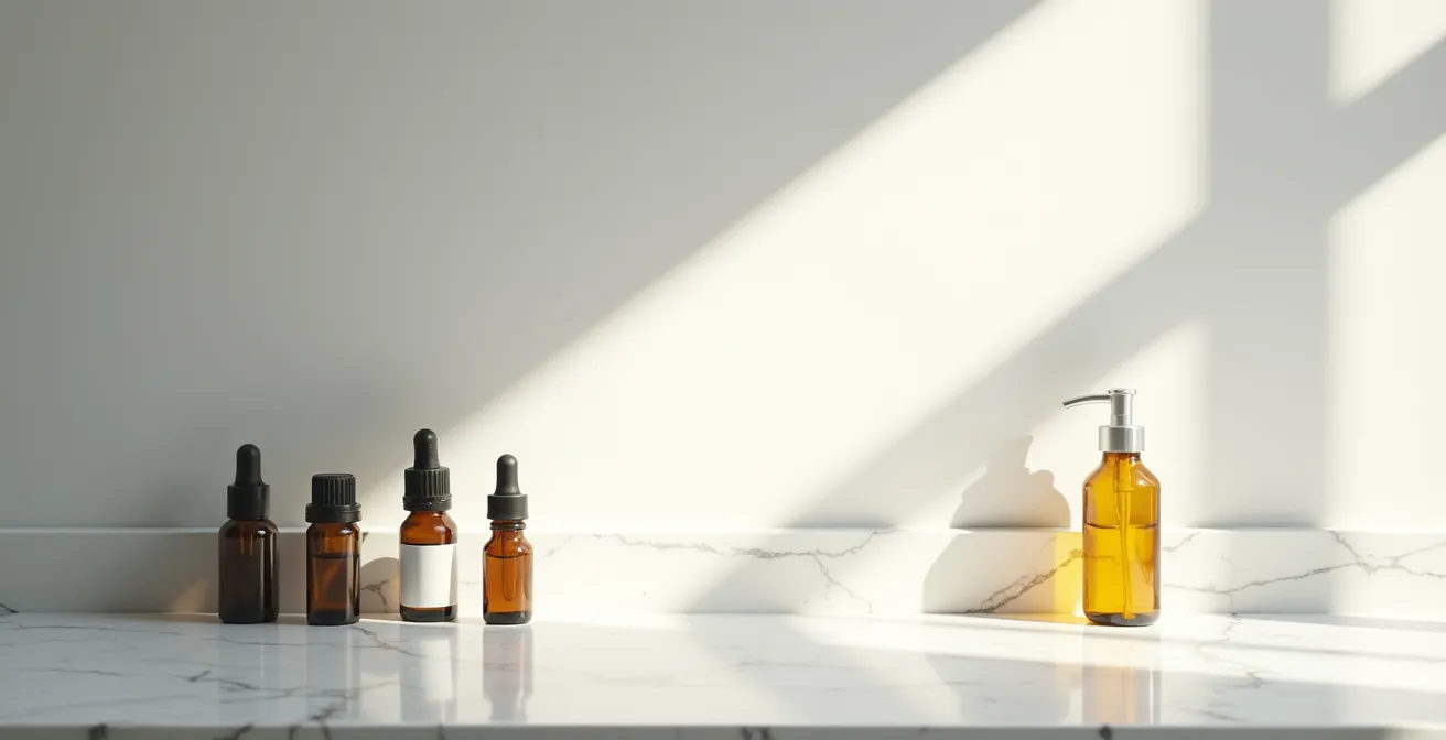 Composición minimalista mostrando el contraste entre aceites seguros e inseguros para el área ocular