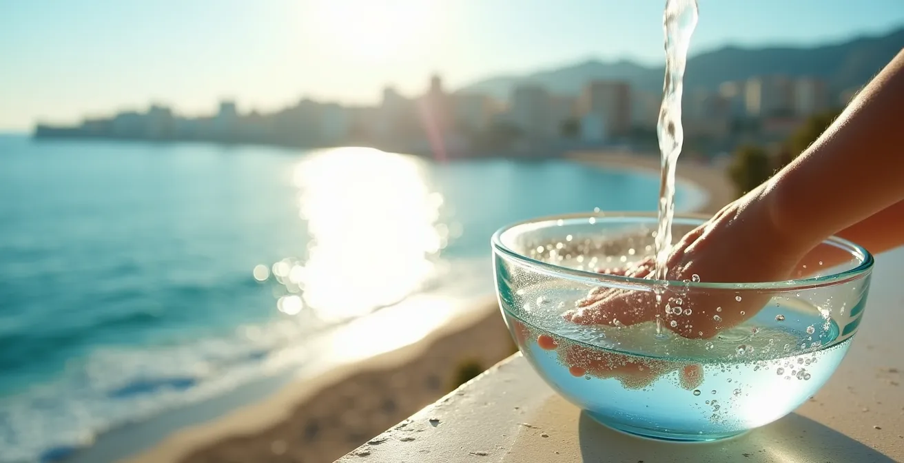 Vista aérea de la costa mediterránea española con detalle del agua y su efecto en el cabello