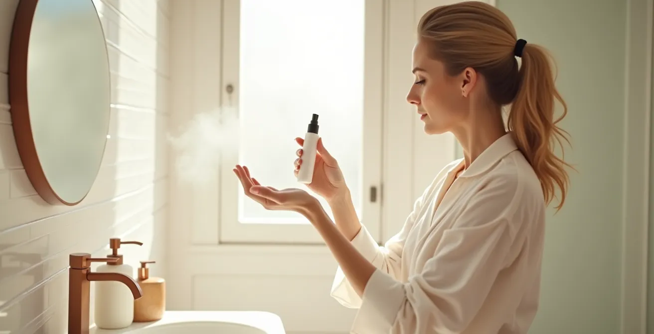 Rostro de mujer con spray fijador creando película protectora invisible sobre perfume