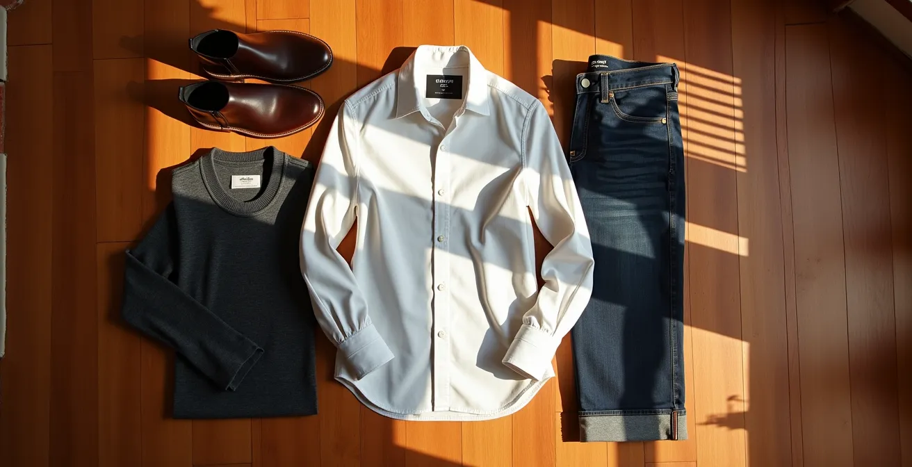 Composición minimalista de prendas de otoño con camisa blanca