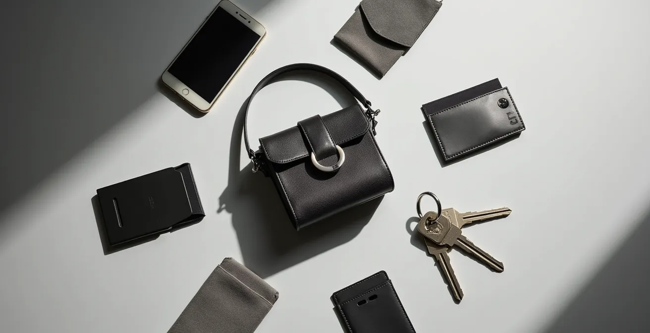 Mini bolso de diseño español con accesorios modulares en una composición artística que sugiere una solución al problema del espacio.