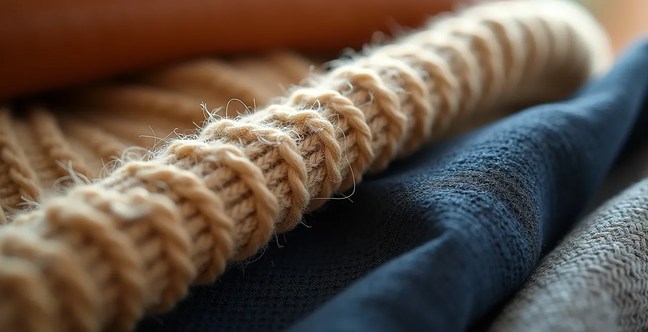 Conjunto de prendas neutras dispuestas en capas sobre superficie de madera clara