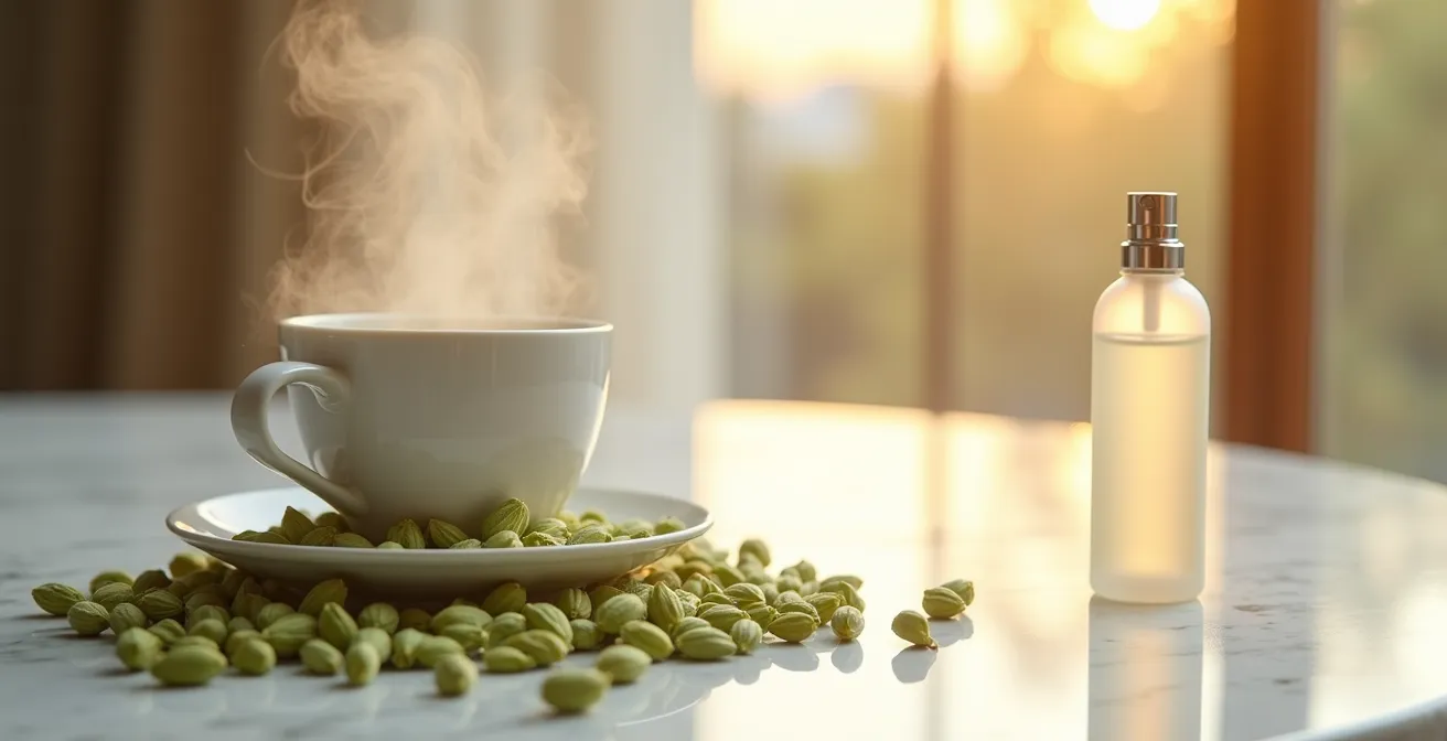 Vainas de cardamomo sobre superficie de mármol con vapor aromático