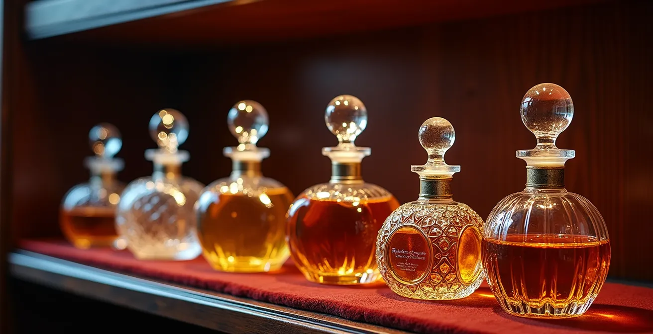 Colección de frascos vintage de perfume de los años 50-70 en vitrina iluminada