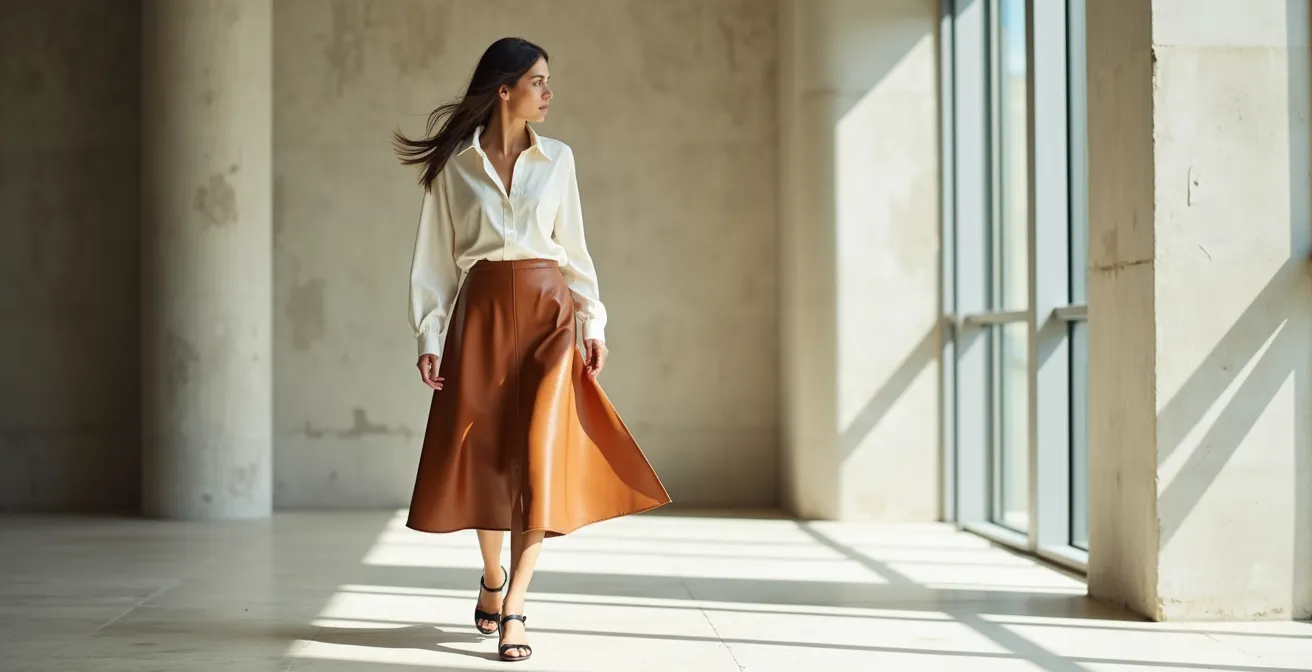 Contraste de texturas con falda de cuero y blusa de seda en ambiente de oficina