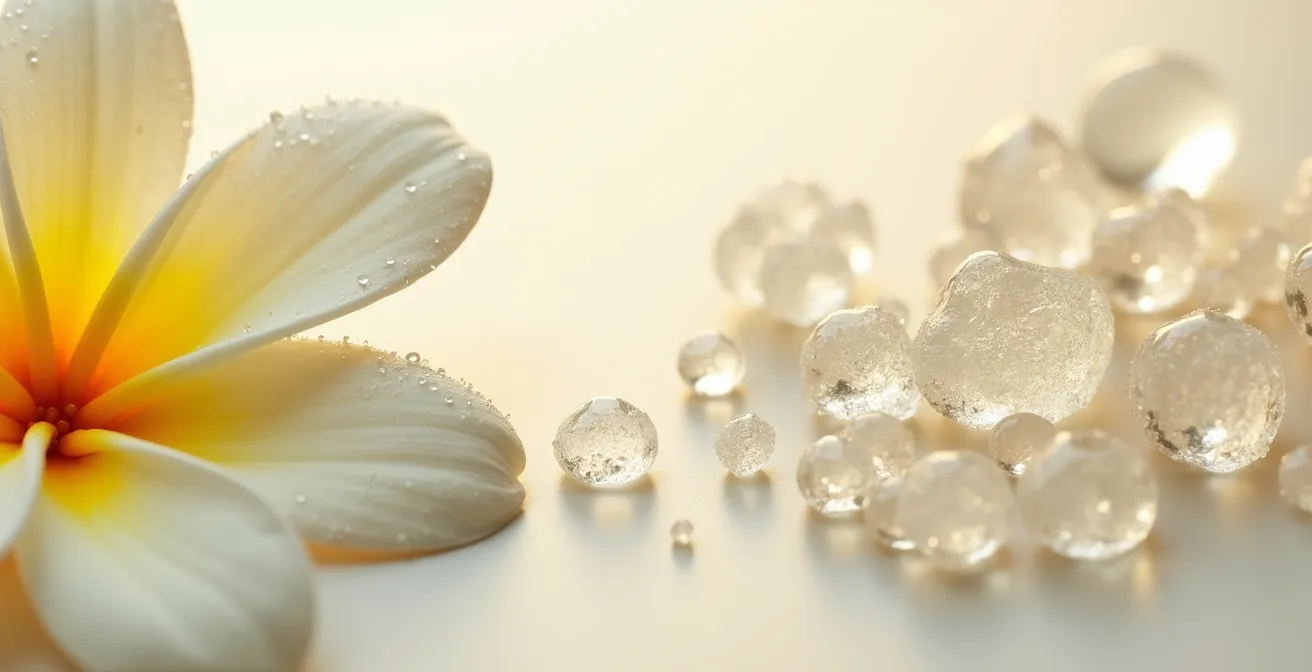 Fotografía macro de pétalos de jazmín junto a moléculas sintéticas cristalizadas