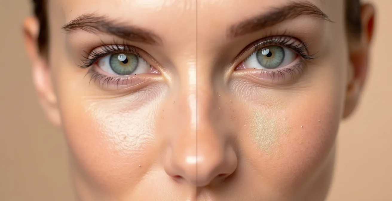 Comparación macro de textura de piel con base en polvo versus base líquida