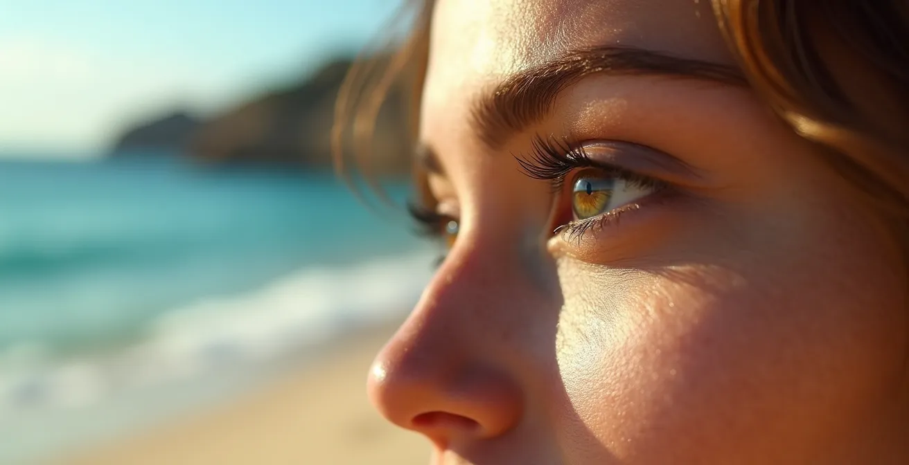 Vista lateral de ojo con pestañas teñidas naturales bajo luz mediterránea de verano