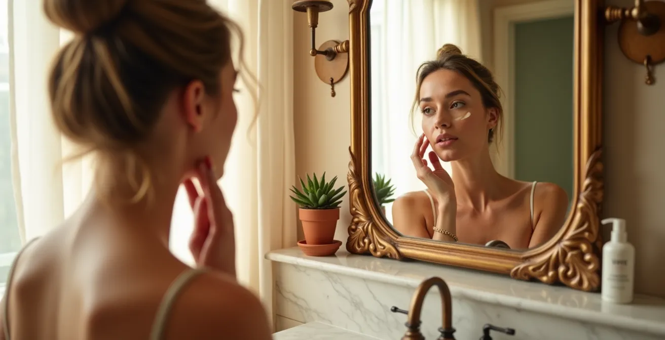 Aplicación delicada de corrector hidratante en contorno de ojos