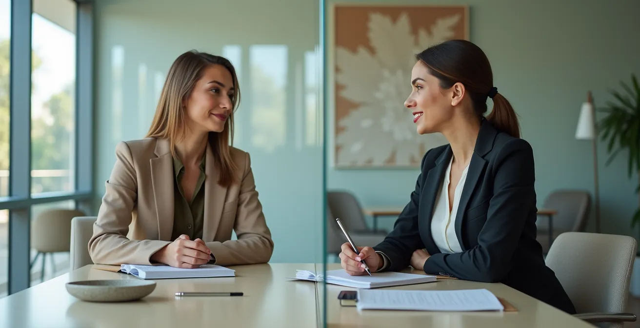 Comparación visual de dos mujeres profesionales con labial burdeos y nude en ambiente corporativo