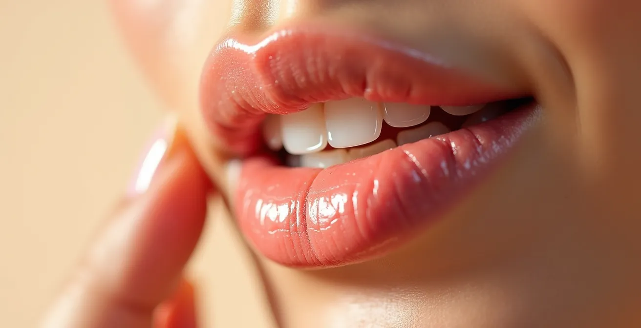 Textura macro de exfoliante labial enzimático sobre labios