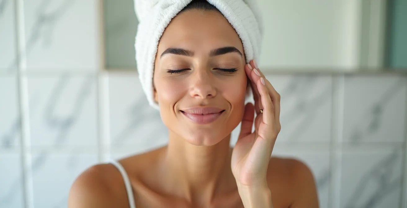 Mujer con toalla caliente en cabello aplicando tratamiento capilar profundo en casa