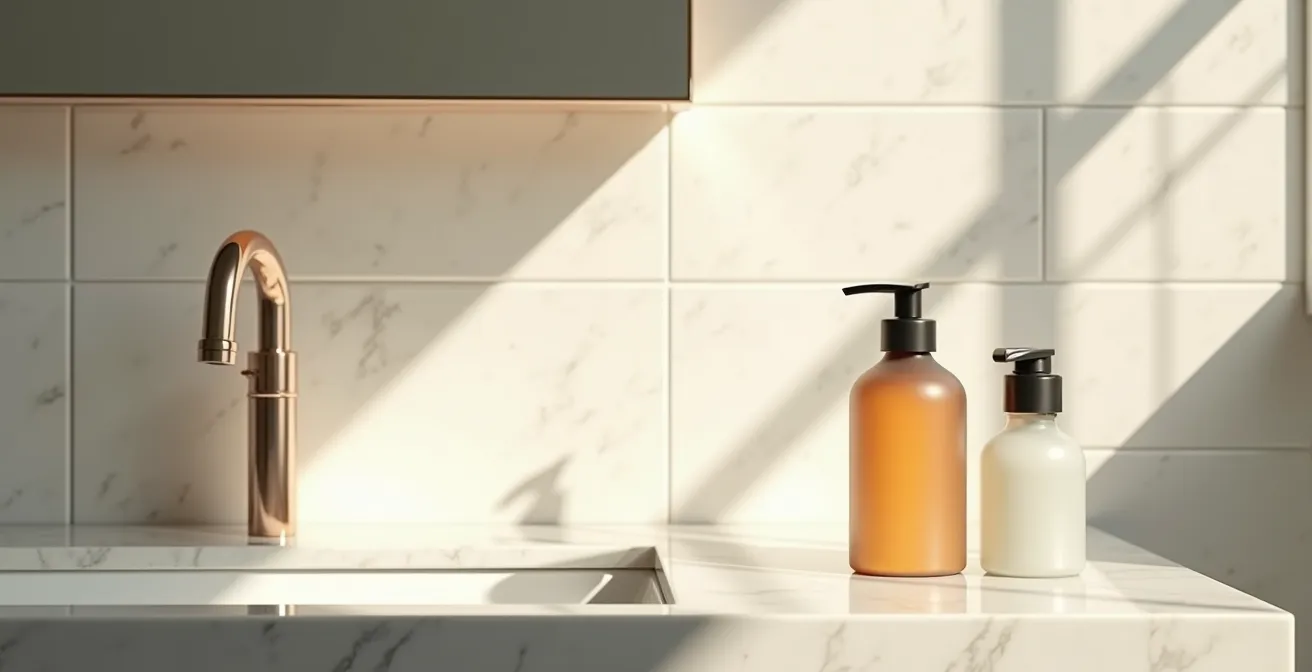 Ilustración minimalista mostrando zonas de aplicación separadas para aftershave y perfume