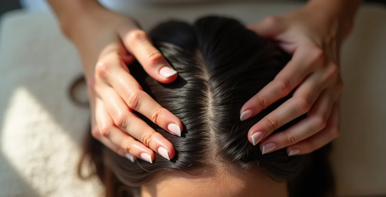 Manos realizando masaje circular en el cuero cabelludo para estimular la circulación sanguínea