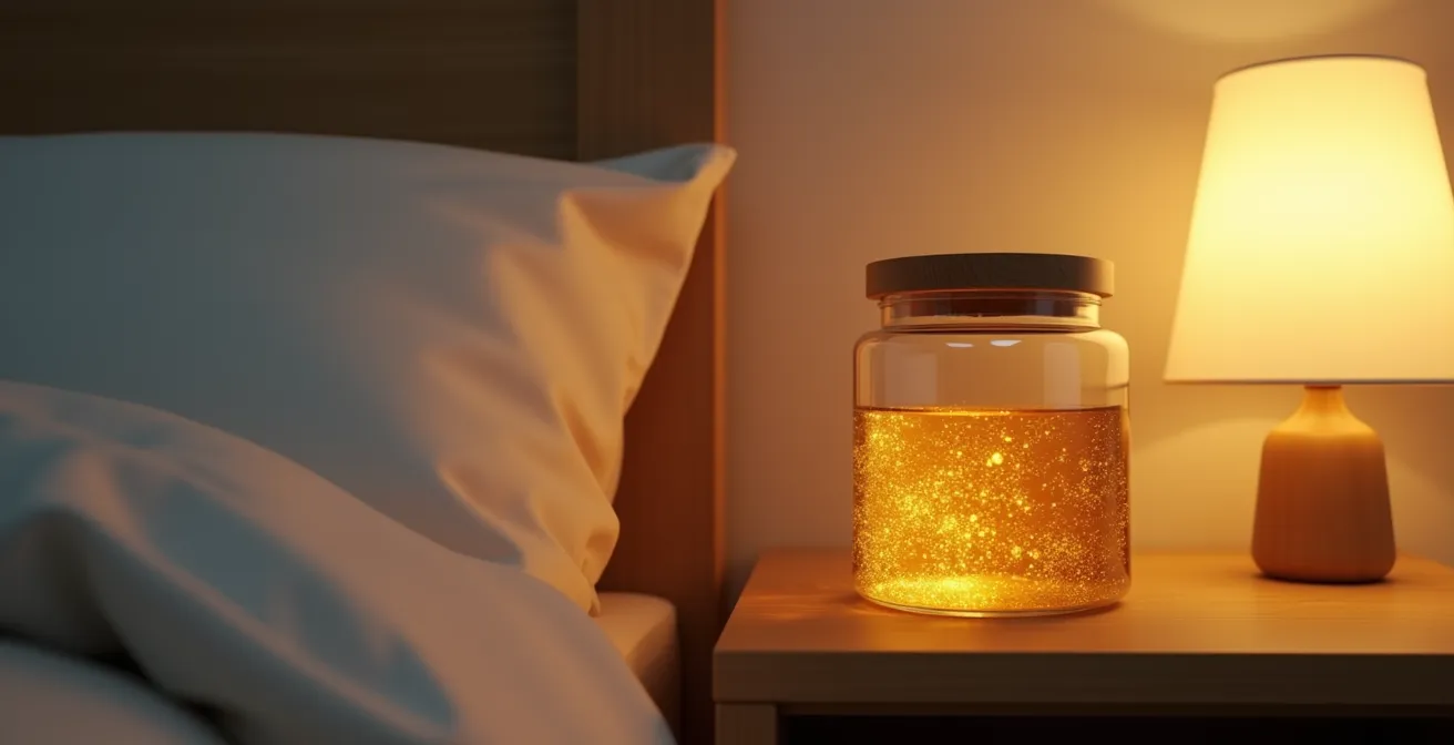 Tarro de cristal con mascarilla dorada espesa junto a almohada de seda en luz nocturna