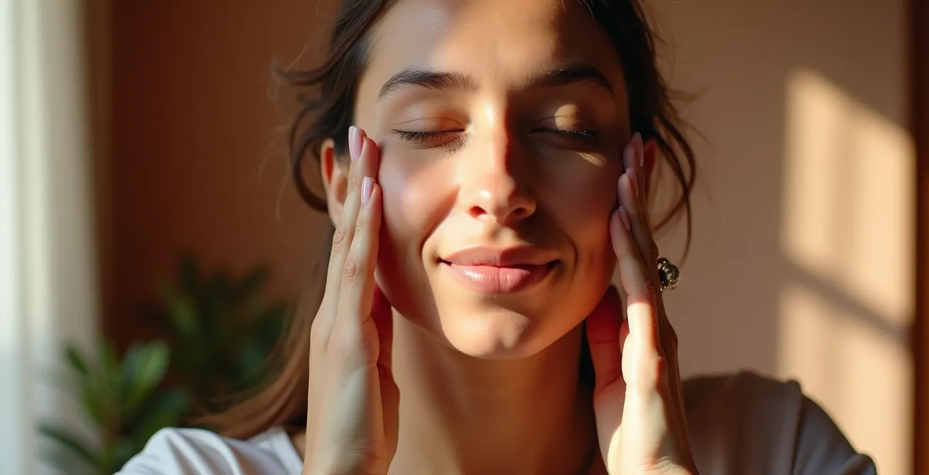 Mujer realizando ejercicio de yoga facial con las manos en las mejillas