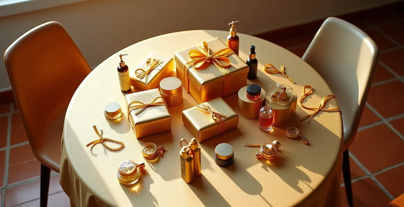 Contraste visual entre pequeños productos de belleza y una montaña de embalaje decorativo