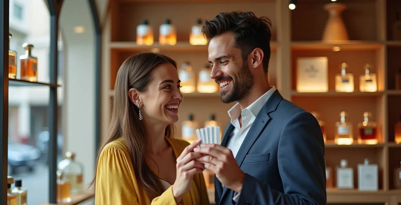 Pareja joven explorando fragancias juntos en elegante perfumería española