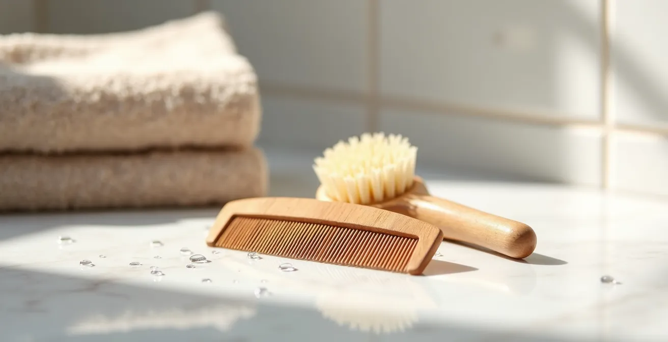 Peine de púas anchas de madera junto a cepillo flexible sobre superficie de mármol