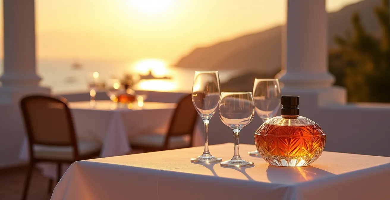 Mesa elegante para dos en terraza mediterránea al atardecer con detalles de perfume
