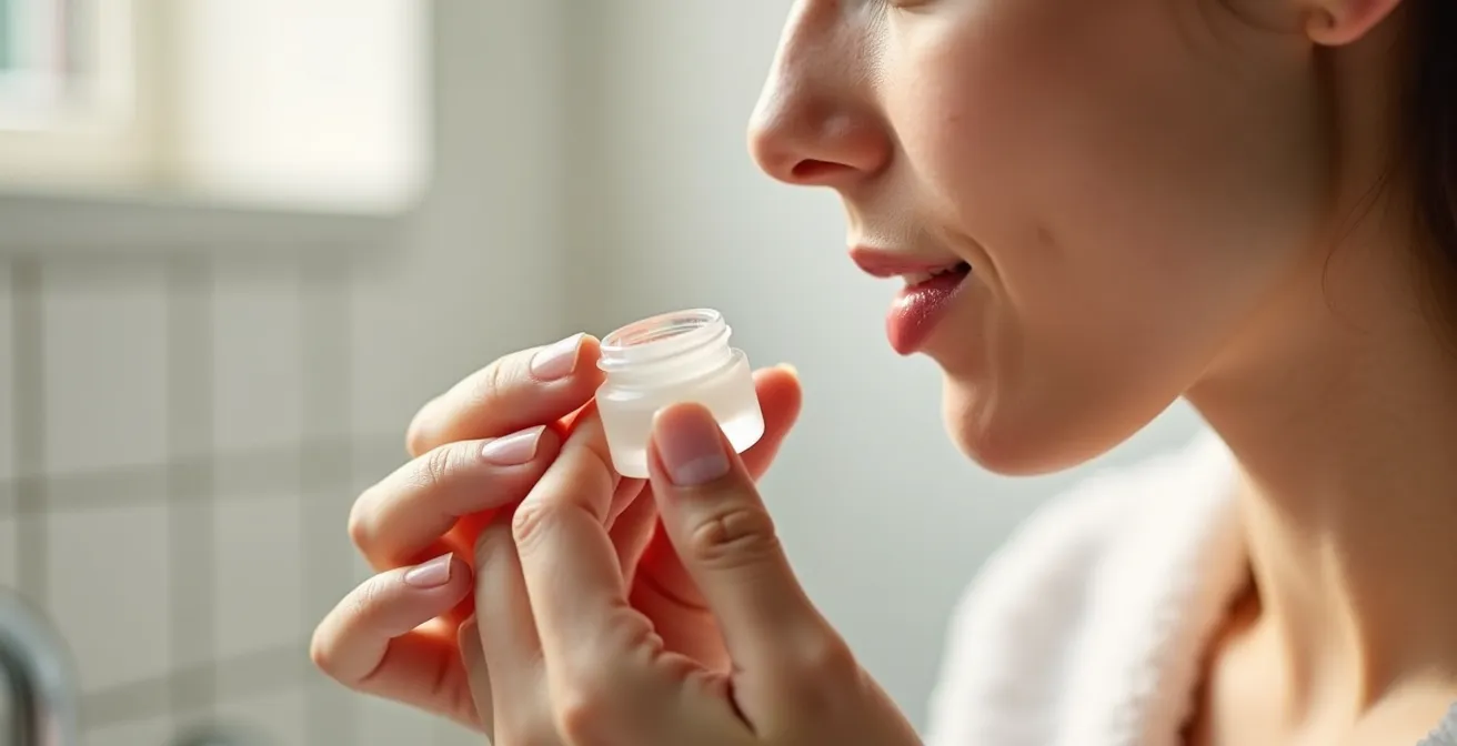 Manos aplicando bálsamo en capas sobre labios en proceso de curación