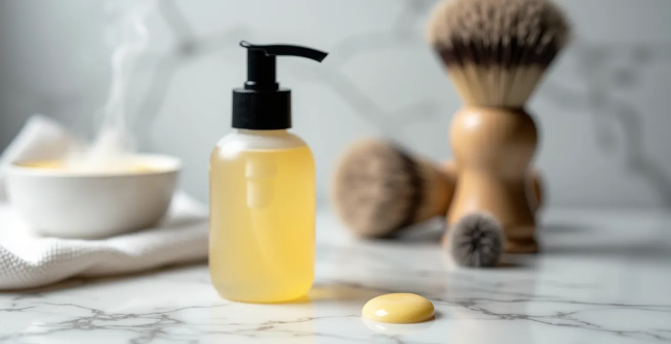 Productos de afeitado modernos sin alcohol sobre superficie de mármol con toalla y brocha