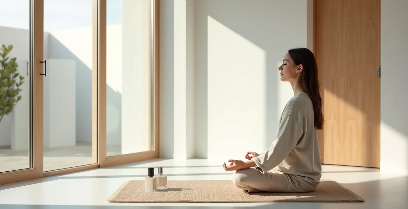 Mujer aplicando perfume sutil en ambiente minimalista
