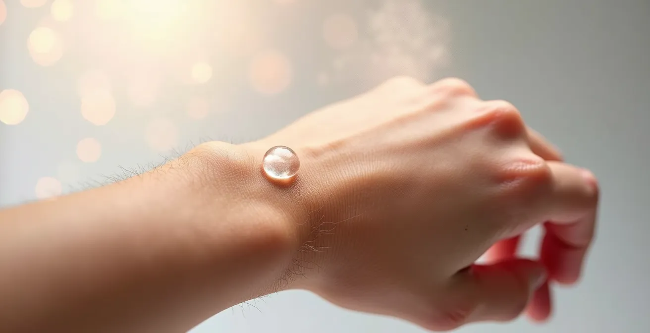 Detalle macro de aplicación de perfume en muñeca con técnica de presión sin fricción