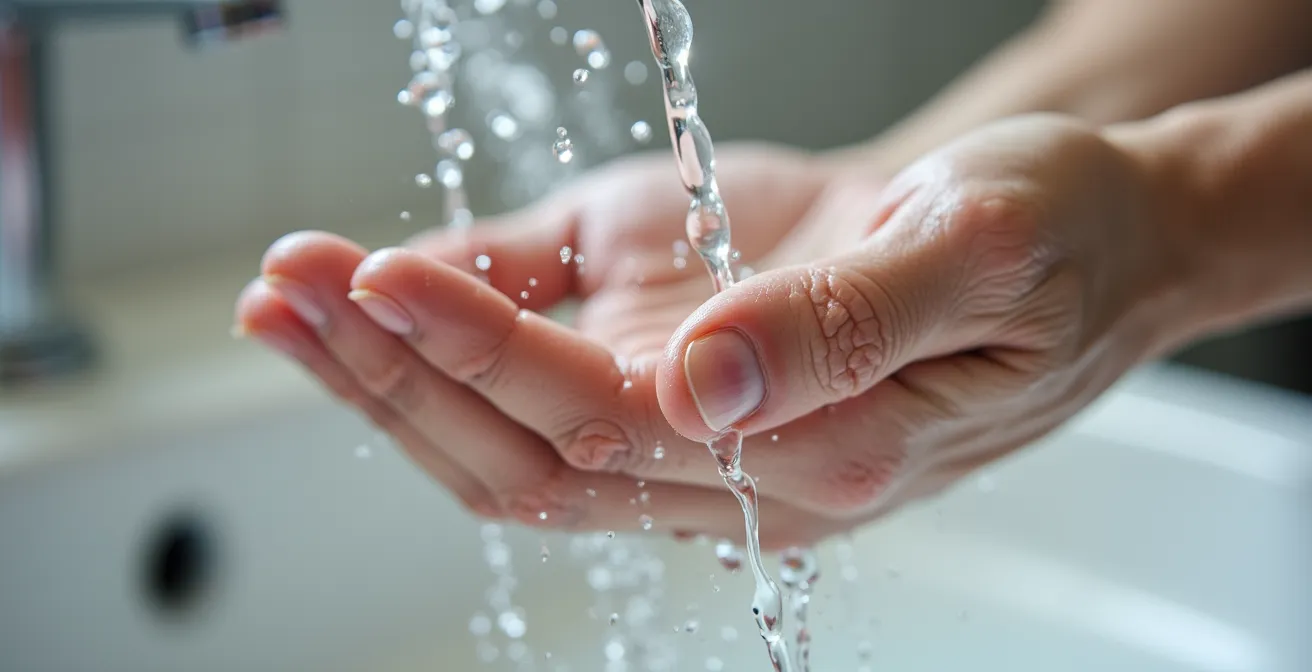 Mano bajo chorro de agua tibia con vapor visible, termómetro digital mostrando temperatura ideal