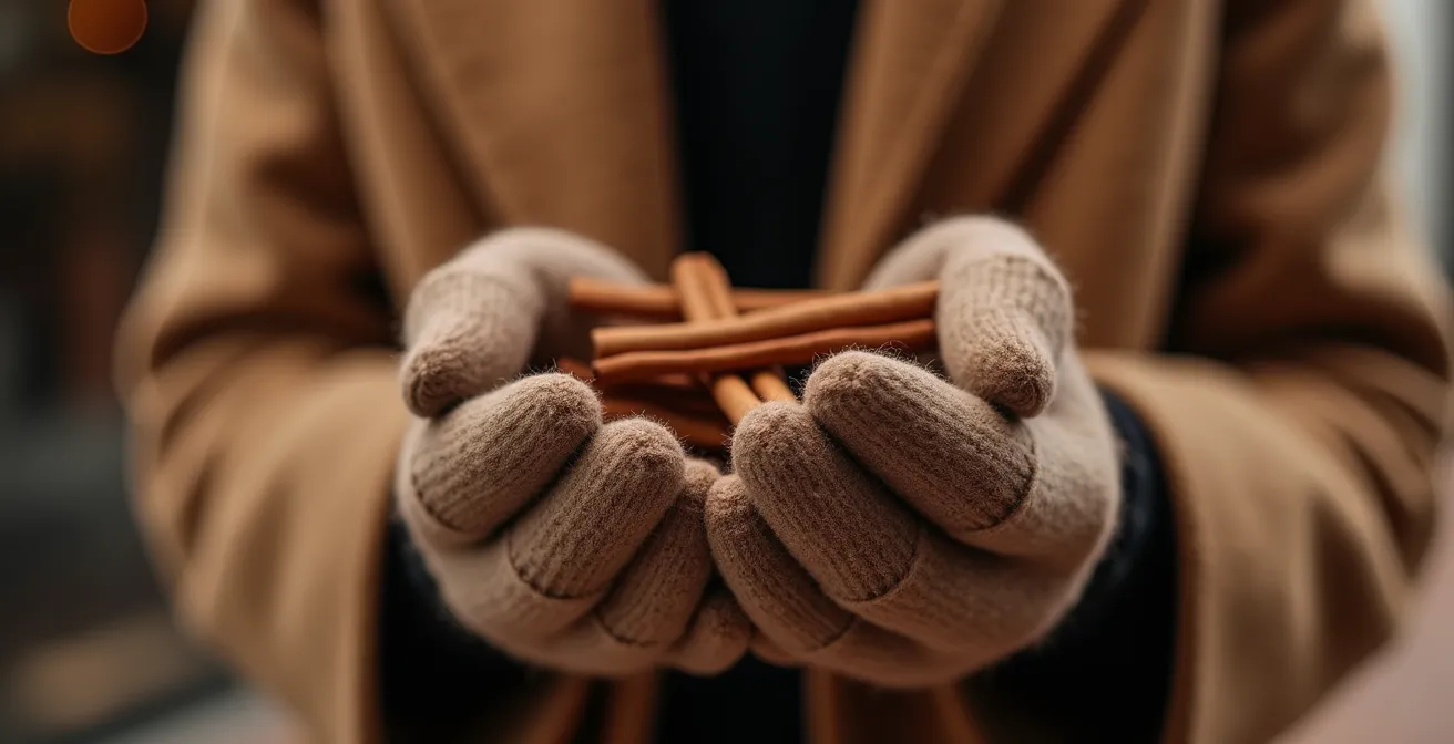 Detalle de tejidos de lana con ramas de canela en composición artística