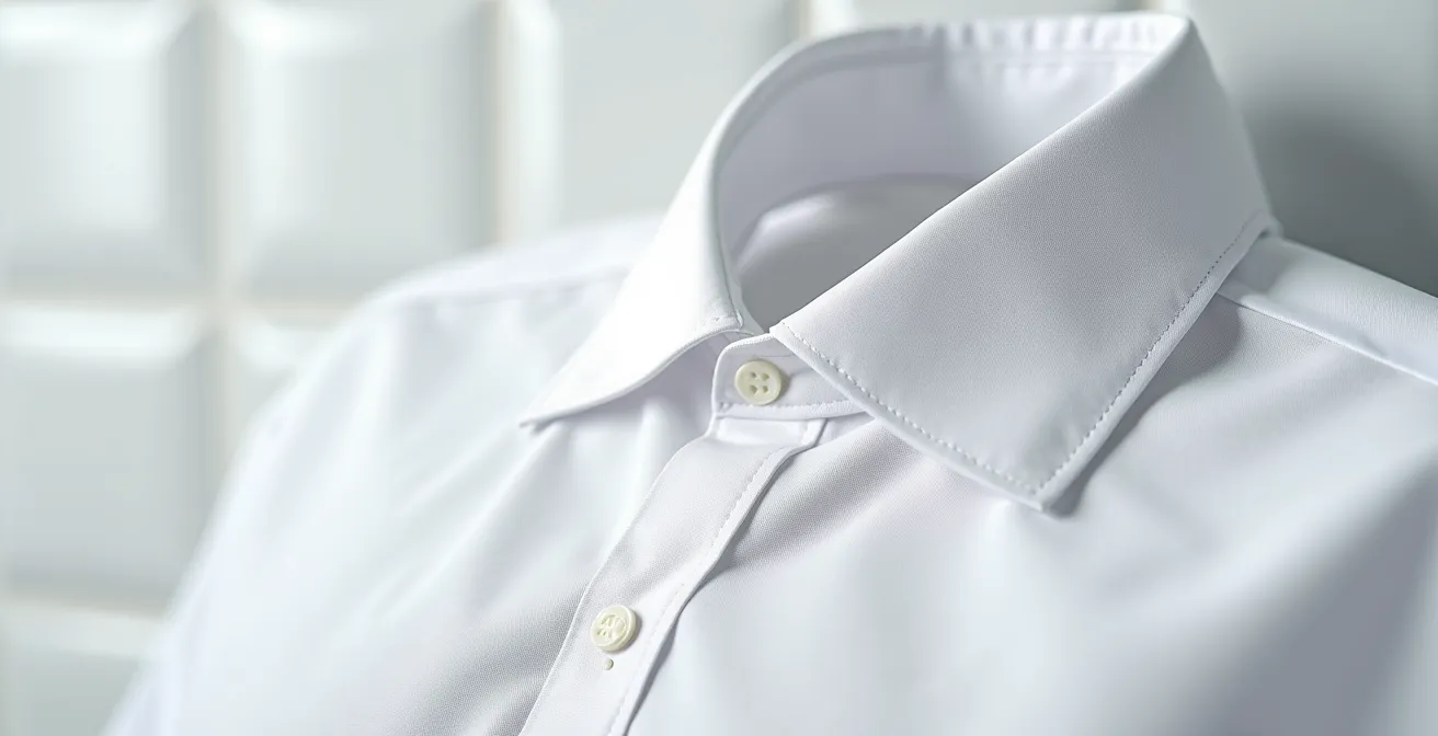 Detalle macro de tratamiento de manchas en cuello de camisa