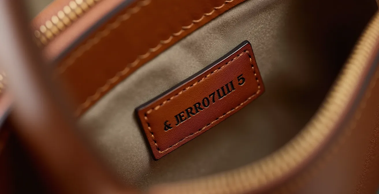 Detalle macro de etiqueta de autenticidad en bolso de lujo con número de serie