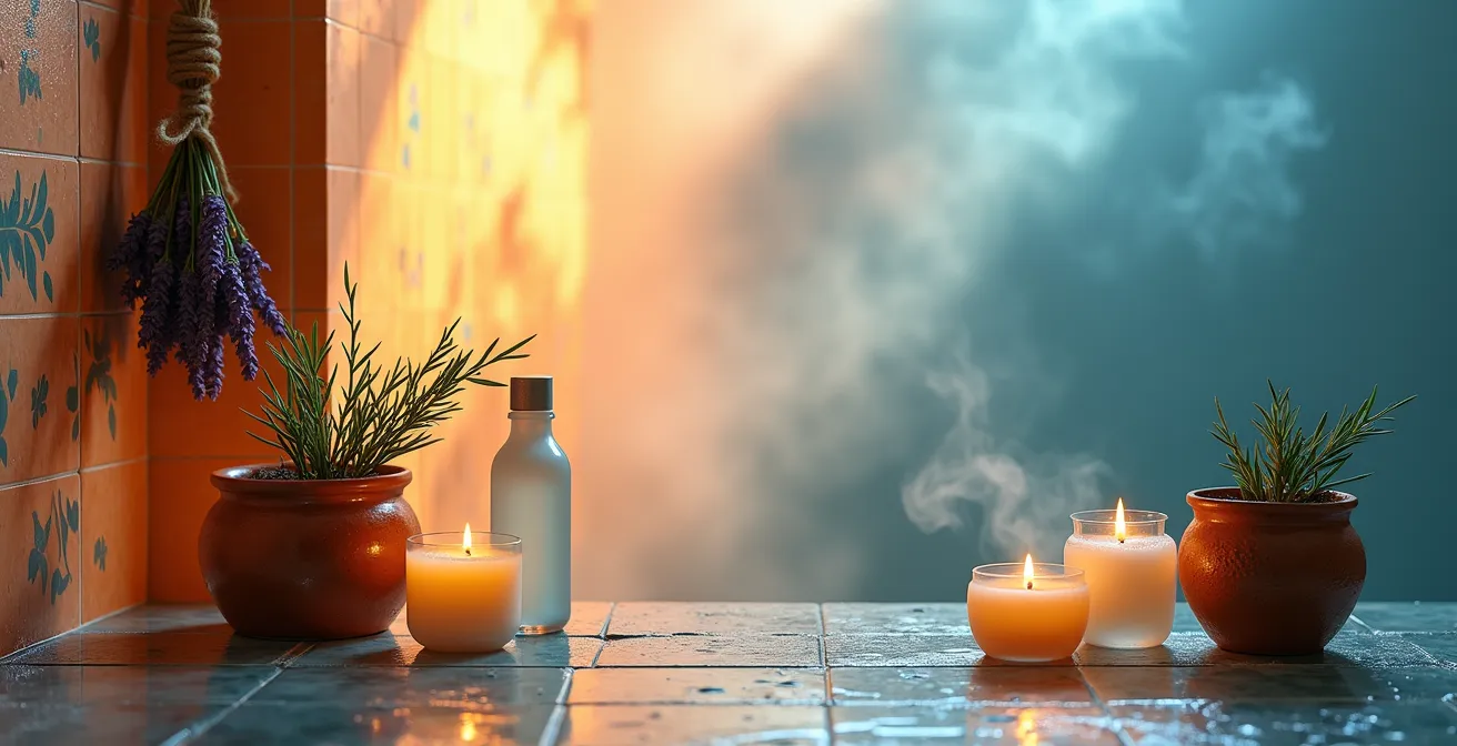 Baño pequeño transformado en spa con iluminación ambiental y elementos mediterráneos