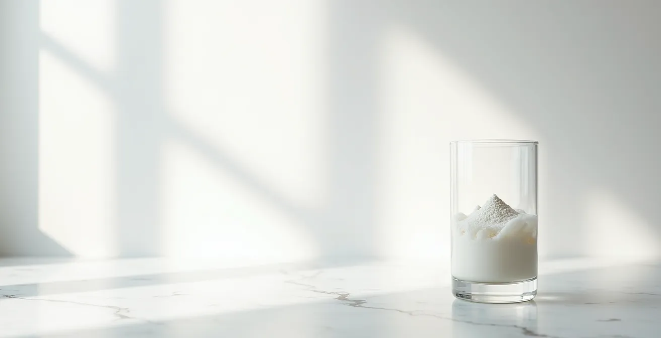 Vaso de agua con polvo de colágeno disolviéndose sobre mesa blanca minimalista