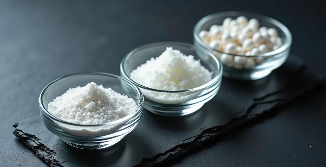 Macro fotografía de diferentes presentaciones de magnesio: cápsulas, polvo blanco y cristales transparentes