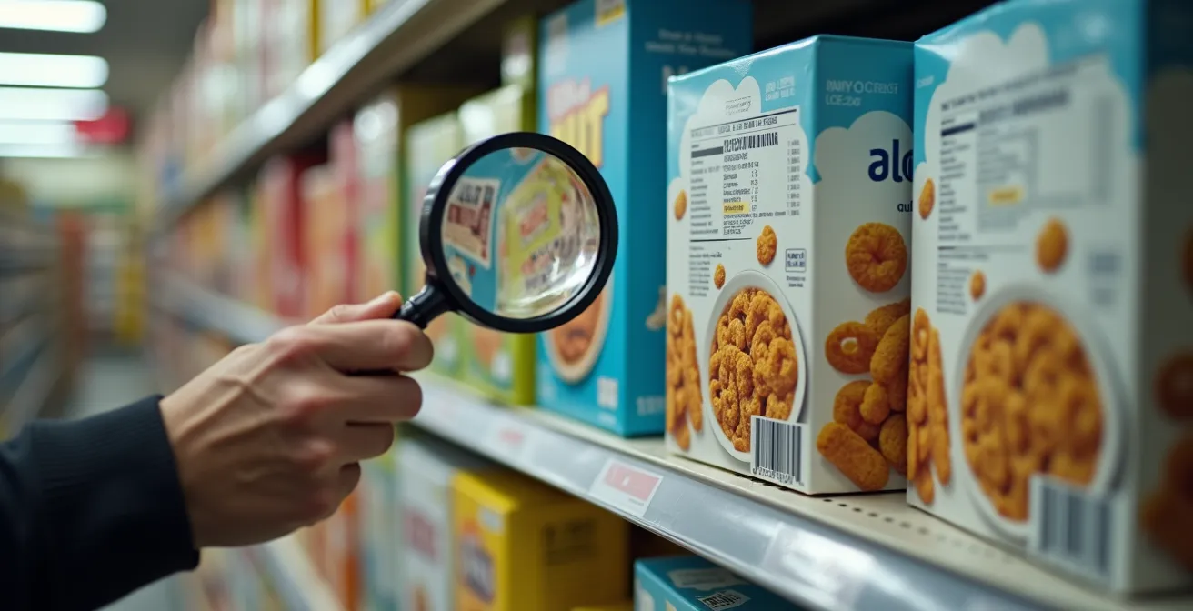 Mano sosteniendo lupa sobre etiqueta de producto en estantería de supermercado