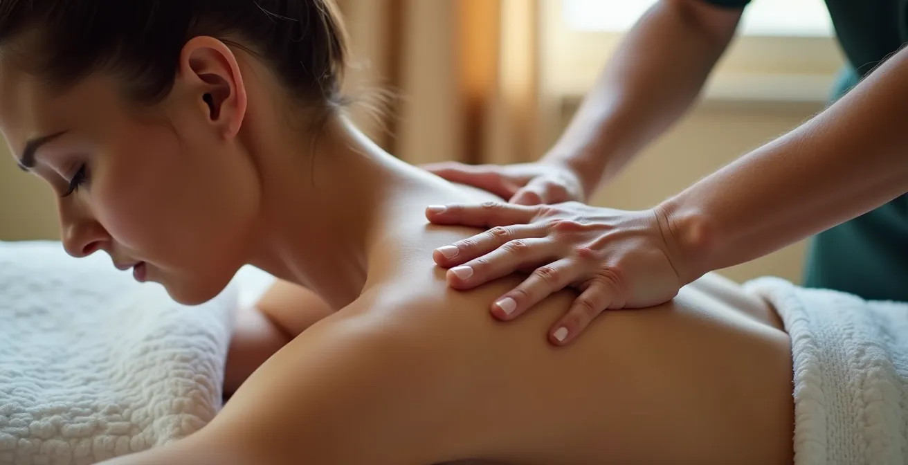 Manos de fisioterapeuta aplicando presión terapéutica controlada en la espalda