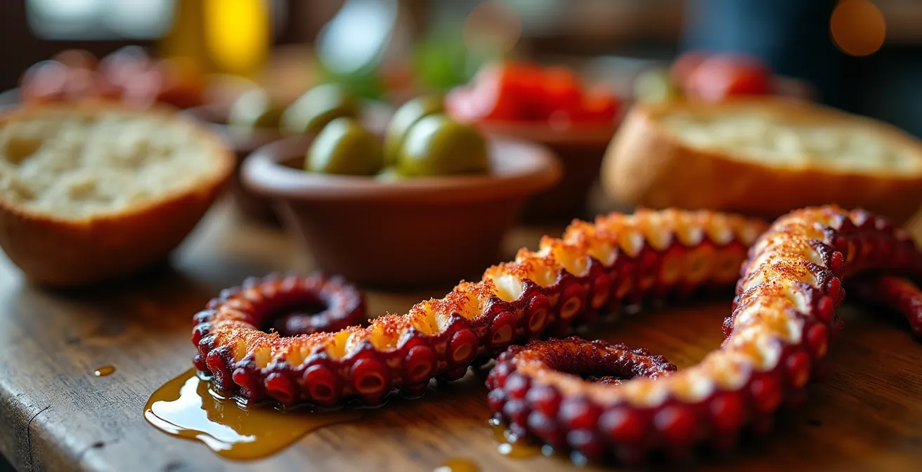 Mesa de bar español con selección de tapas saludables y bebidas