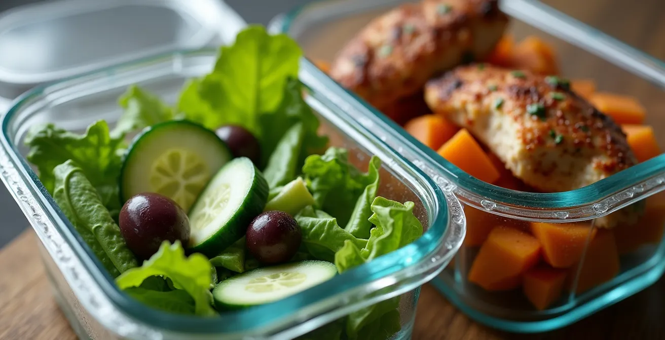 Tuppers organizados con compartimentos separados para ensalada y plato principal